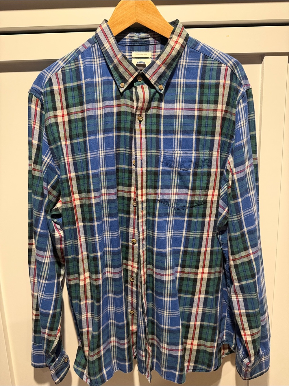 Old Navy Plaid Button-Down Shirt in Blue and Green with Red Accent